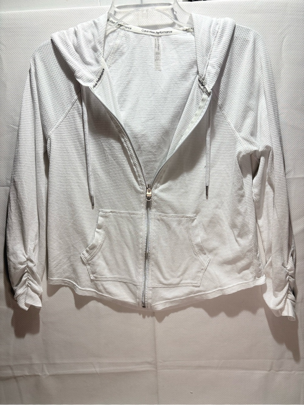 Calvin Klein Performance White Textured Zip-Up Hoodie with Drawstring